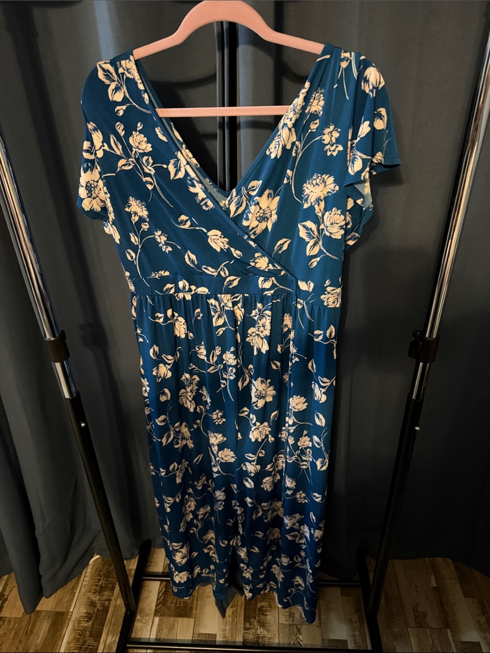 Kaileigh Teal Blue Floral Jumpsuit with Cream Print